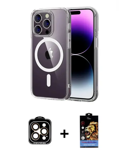 ieg™ iPhone 14 Pro Max Kılıf Ahenk Minimal Serisi - Siyah Buffer Hayalet Cam Ekran Koruyucu + PVD Metal Kamera Lens - TU
