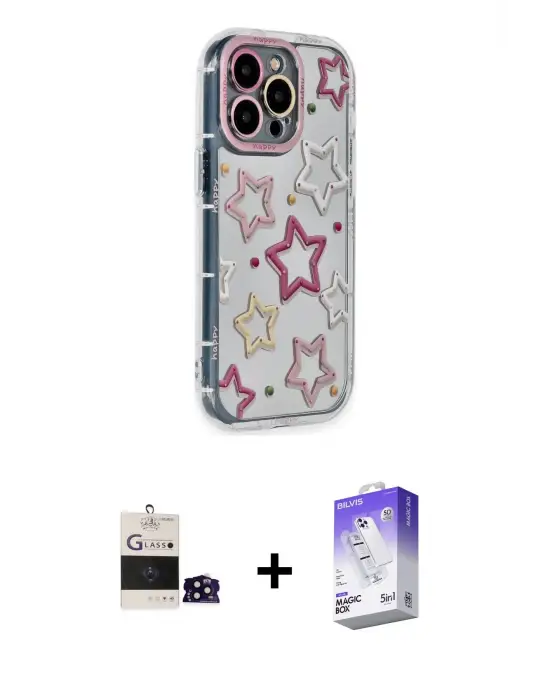 ieg™ iPhone 14 Pro Max Kılıf Ahenk Modern Serisi - Siyah Bilvis 5in1 3D Magic Cam Ekran Koruyucu + Bilvis Titan Kamera Lens - SH