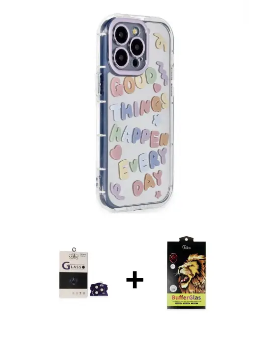 ieg™ iPhone 14 Pro Max Kılıf Ahenk Modern Serisi - Siyah Buffer Cam Ekran Koruyucu + Bilvis Titan Kamera Lens - DNMR