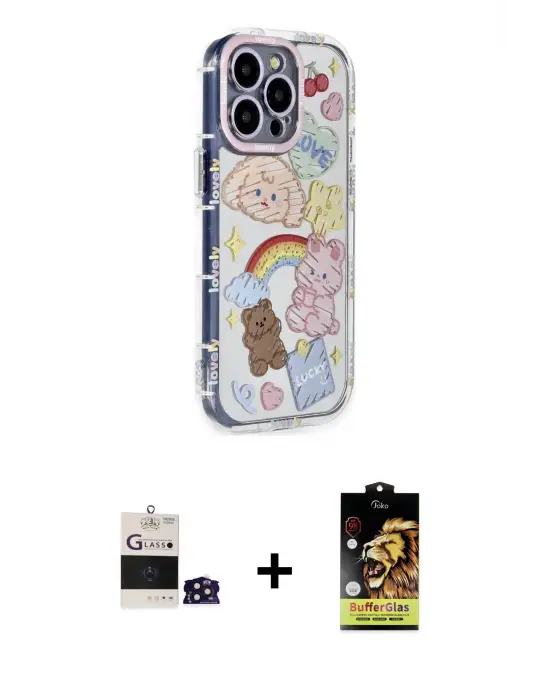 ieg™ iPhone 14 Pro Max Kılıf Ahenk Modern Serisi - Siyah Buffer Cam Ekran Koruyucu + Bilvis Titan Kamera Lens - DNMR