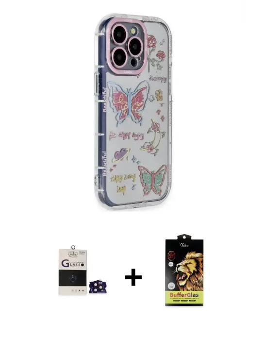 ieg™ iPhone 14 Pro Max Kılıf Ahenk Modern Serisi - Siyah Buffer Cam Ekran Koruyucu + Bilvis Titan Kamera Lens - DNMR