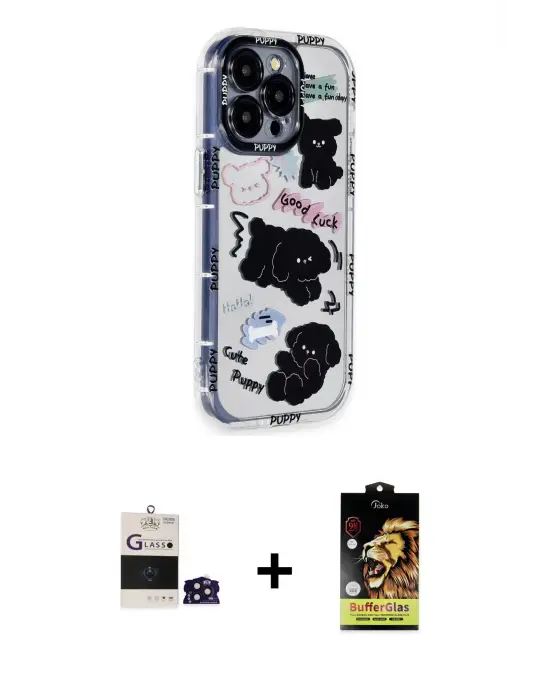 ieg™ iPhone 14 Pro Max Kılıf Ahenk Modern Serisi - Siyah Buffer Cam Ekran Koruyucu + Bilvis Titan Kamera Lens - DNMR