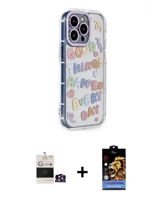 ieg™ iPhone 14 Pro Max Kılıf Ahenk Modern Serisi - Siyah Buffer Hayalet Cam Ekran Koruyucu + Bilvis Titan Kamera Lens - GD