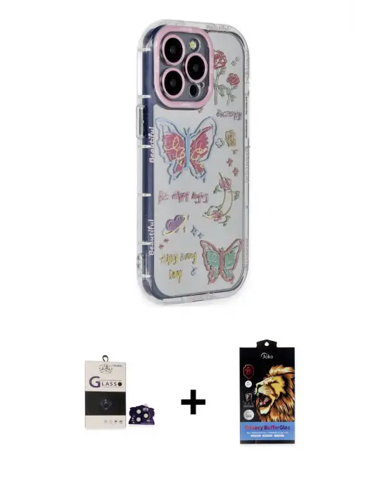 ieg™ iPhone 14 Pro Max Kılıf Ahenk Modern Serisi - Siyah Buffer Hayalet Cam Ekran Koruyucu + Bilvis Titan Kamera Lens - SH