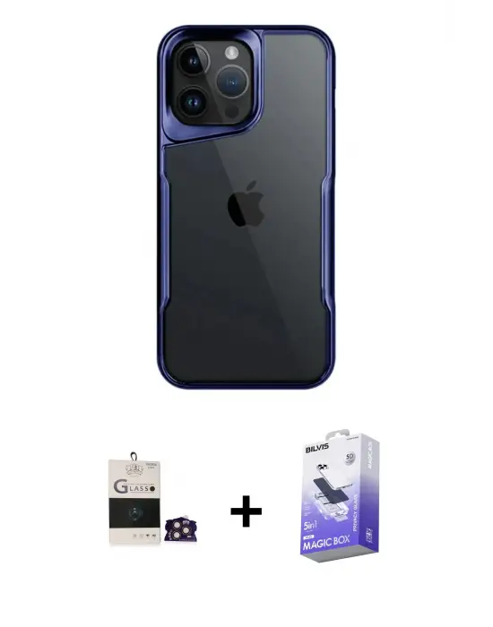 ieg™ iPhone 14 Pro Max Kılıf Akış Çizgi Koleksiyonu - Siyah Bilvis 5in1 5D Magic Hayalet Cam Ekran Koruyucu + Bilvis Titan Kamera Lens - GD