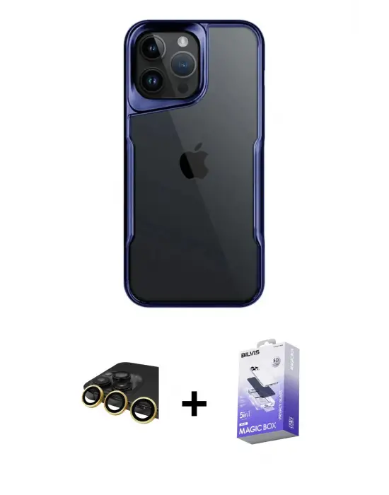 ieg™ iPhone 14 Pro Max Kılıf Akış Çizgi Koleksiyonu - Siyah Bilvis 5in1 5D Magic Hayalet Cam Ekran Koruyucu + Raze Metal Kamera Lens - GD