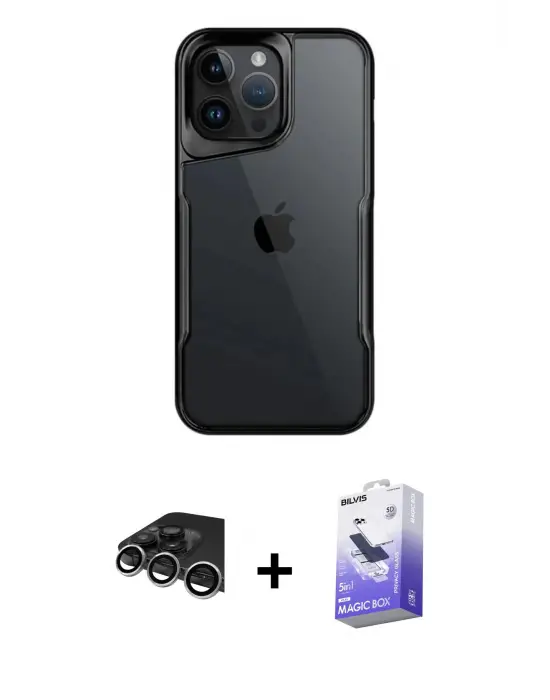 ieg™ iPhone 14 Pro Max Kılıf Akış Çizgi Koleksiyonu - Siyah Bilvis 5in1 5D Magic Hayalet Cam Ekran Koruyucu + Raze Metal Kamera Lens - GS