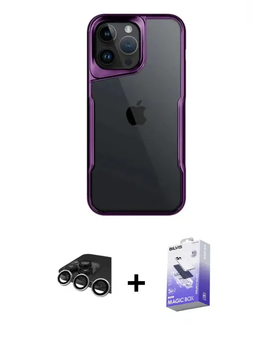 ieg™ iPhone 14 Pro Max Kılıf Akış Çizgi Koleksiyonu - Siyah Bilvis 5in1 5D Magic Hayalet Cam Ekran Koruyucu + Raze Metal Kamera Lens - GS