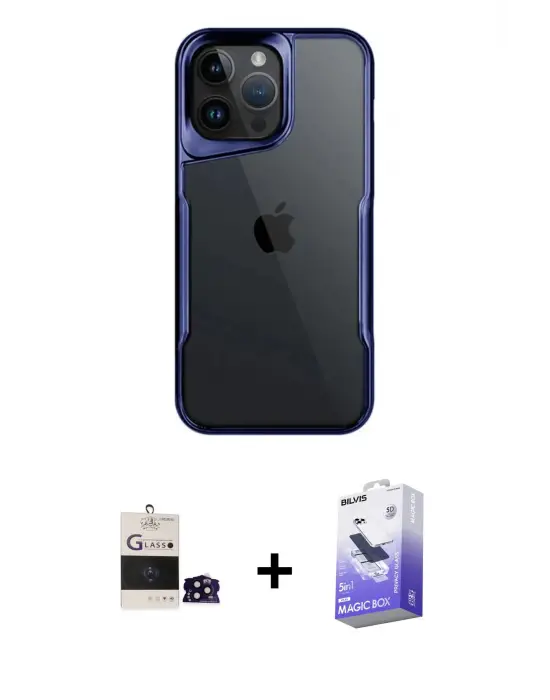 ieg™ iPhone 14 Pro Max Kılıf Akış Çizgi Koleksiyonu - Siyah Bilvis 5in1 5D Magic Hayalet Cam Ekran Koruyucu + Bilvis Titan Kamera Lens - SH