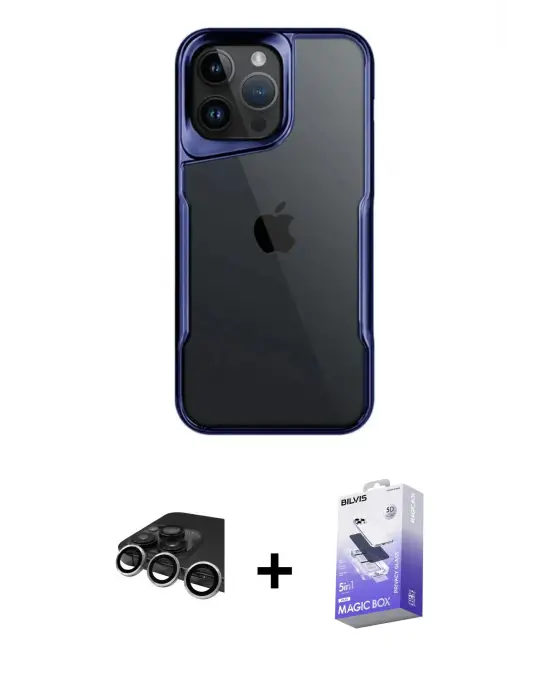 ieg™ iPhone 14 Pro Max Kılıf Akış Çizgi Koleksiyonu - Siyah Bilvis 5in1 5D Magic Hayalet Cam Ekran Koruyucu + Raze Metal Kamera Lens - GS