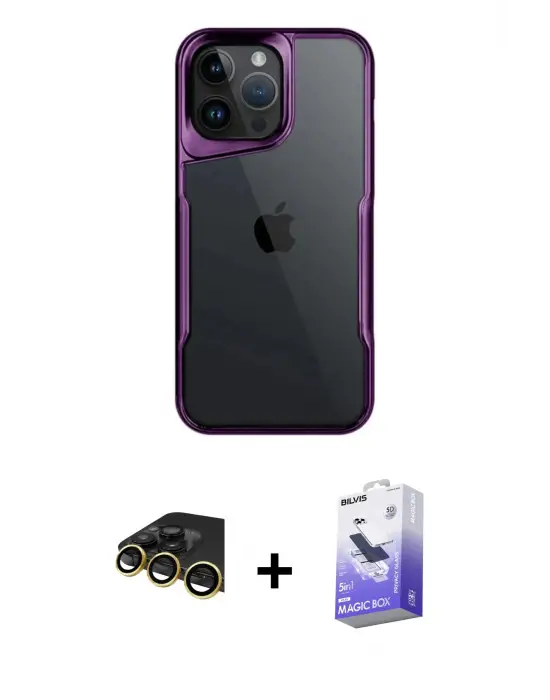 ieg™ iPhone 14 Pro Max Kılıf Akış Çizgi Koleksiyonu - Siyah Bilvis 5in1 5D Magic Hayalet Cam Ekran Koruyucu + Raze Metal Kamera Lens - GD