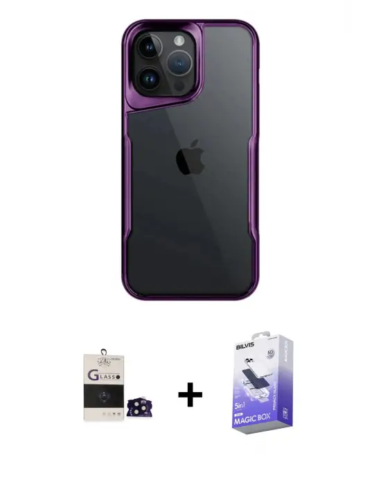 ieg™ iPhone 14 Pro Max Kılıf Akış Çizgi Koleksiyonu - Siyah Bilvis 5in1 5D Magic Hayalet Cam Ekran Koruyucu + Bilvis Titan Kamera Lens - SH