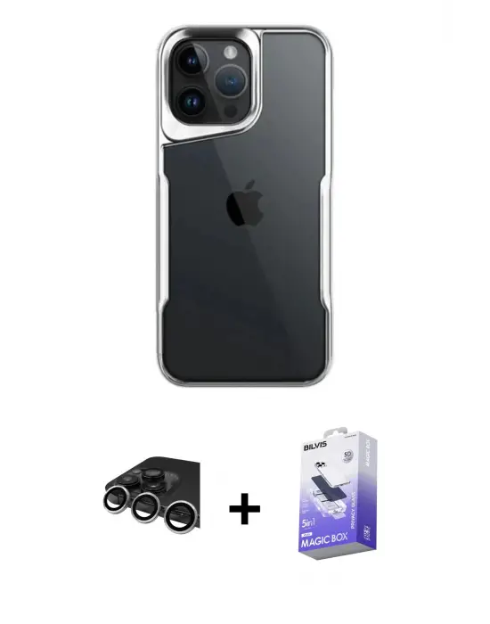 ieg™ iPhone 14 Pro Max Kılıf Akış Çizgi Koleksiyonu - Siyah Bilvis 5in1 5D Magic Hayalet Cam Ekran Koruyucu + Raze Metal Kamera Lens - GS