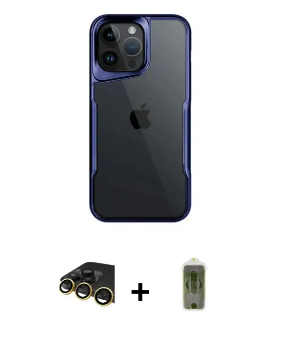 ieg™ iPhone 14 Pro Max Kılıf Akış Çizgi Koleksiyonu - Siyah Joko Magic 5D Hayalet Cam + Raze Metal Kamera Lens - GD