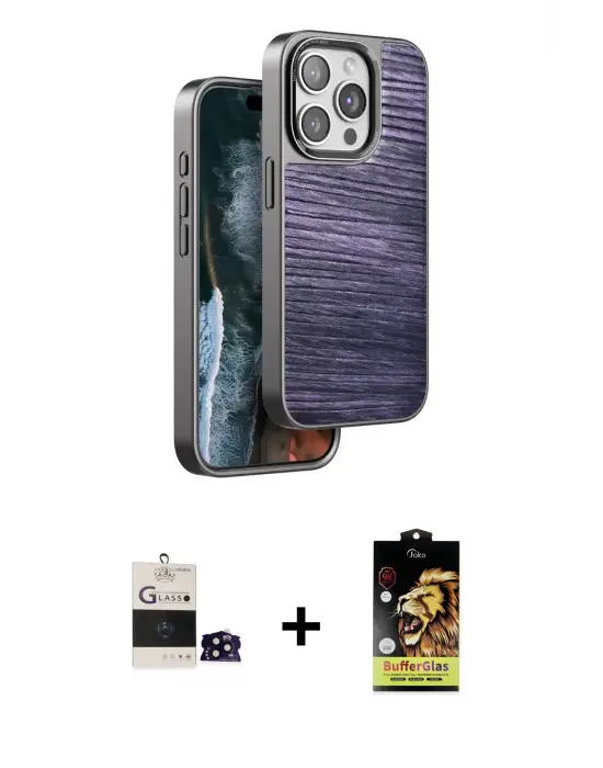 ieg™ iPhone 14 Pro Max Kılıf Atlas Minimal Özel Seri - Siyah Buffer Cam Ekran Koruyucu + Bilvis Titan Kamera Lens - SH