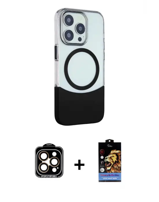 ieg™ iPhone 14 Pro Max Kılıf Çekirdek Asil Özel Seri - Siyah Buffer Hayalet Cam Ekran Koruyucu + PVD Metal Kamera Lens - TU