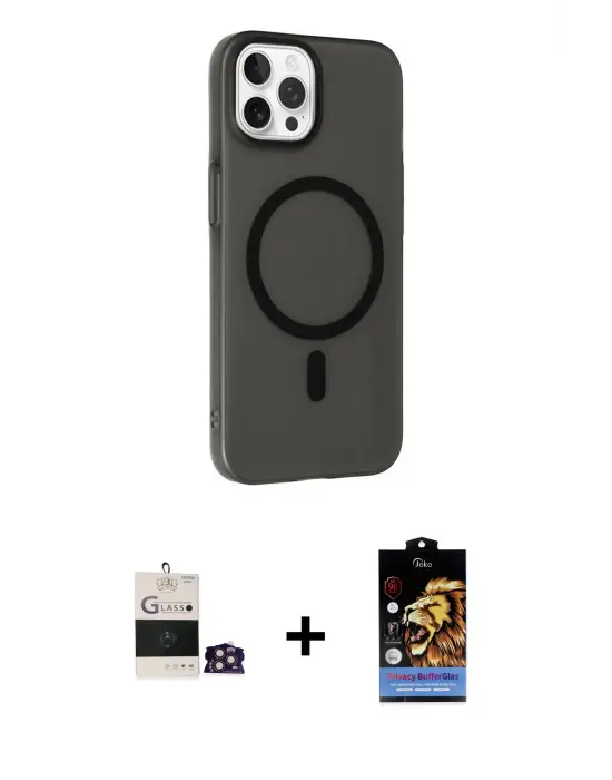 ieg™ iPhone 14 Pro Max Kılıf Çekirdek Modern Prime - Siyah Buffer Hayalet Cam Ekran Koruyucu + Bilvis Titan Kamera Lens - GD