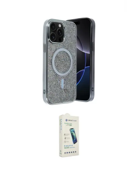 ieg™ iPhone 14 Pro Max Kılıf Eksen Çizgi - Şeffaf Pasifik Cam Ekran Koruyucu