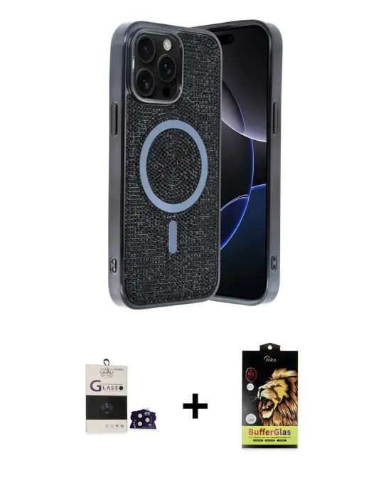 ieg™ iPhone 14 Pro Max Kılıf Eksen Çizgi - Siyah Buffer Cam Ekran Koruyucu + Bilvis Titan Kamera Lens - SH