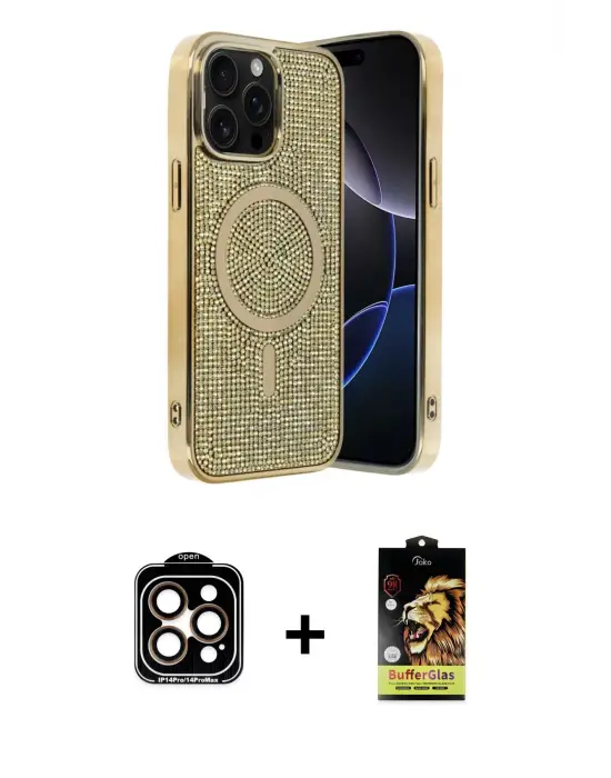 ieg™ iPhone 14 Pro Max Kılıf Eksen Çizgi - Siyah Buffer Cam Ekran Koruyucu + PVD Metal Kamera Lens - TU