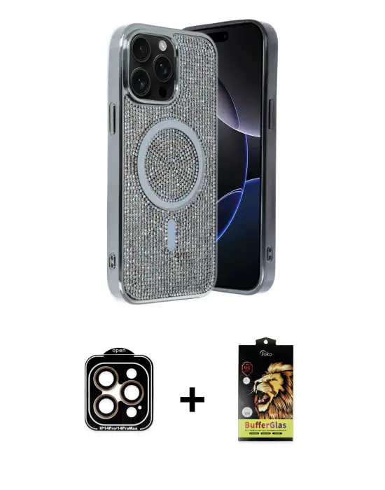 ieg™ iPhone 14 Pro Max Kılıf Eksen Çizgi - Siyah Buffer Cam Ekran Koruyucu + PVD Metal Kamera Lens - TU