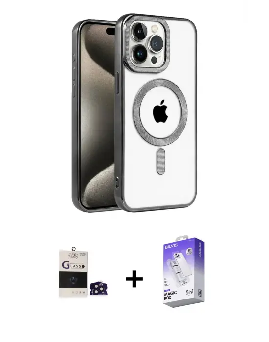 ieg™ iPhone 14 Pro Max Kılıf Eksen Form Koleksiyonu - Siyah Bilvis 5in1 3D Magic Cam Ekran Koruyucu + Bilvis Titan Kamera Lens - DNMR
