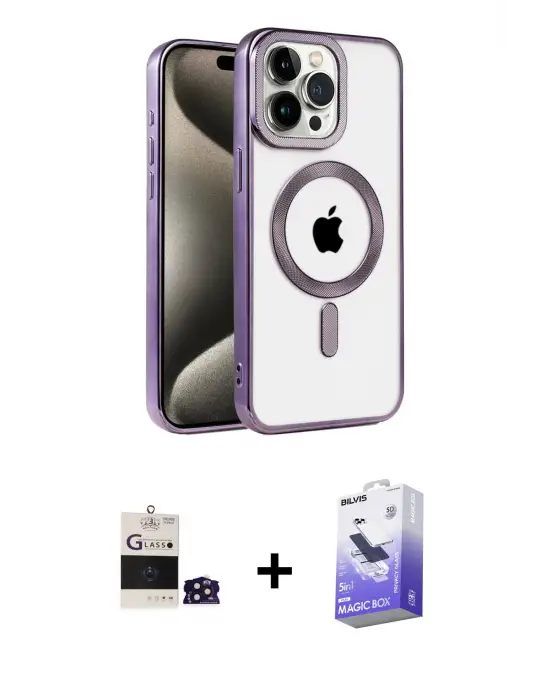 ieg™ iPhone 14 Pro Max Kılıf Eksen Form Koleksiyonu - Siyah Bilvis 5in1 5D Magic Hayalet Cam Ekran Koruyucu + Bilvis Titan Kamera Lens - DNMR