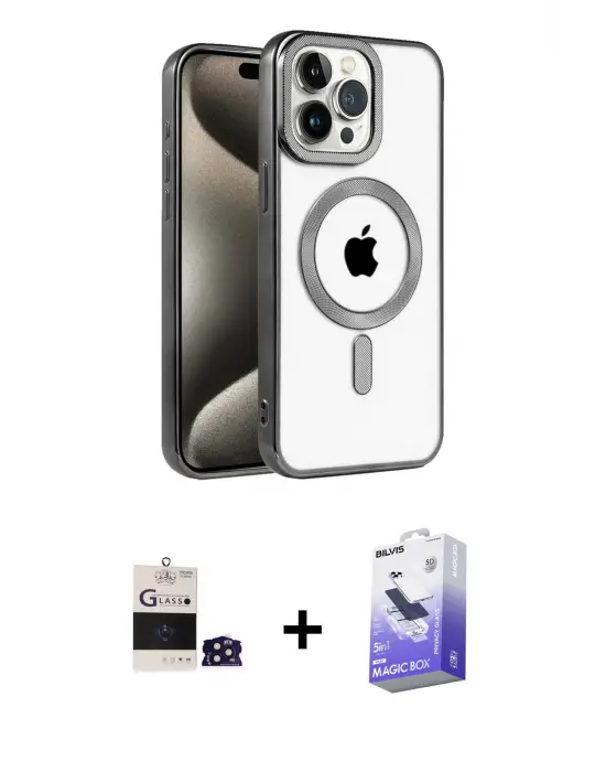 ieg™ iPhone 14 Pro Max Kılıf Eksen Form Koleksiyonu - Siyah Bilvis 5in1 5D Magic Hayalet Cam Ekran Koruyucu + Bilvis Titan Kamera Lens - DNMR