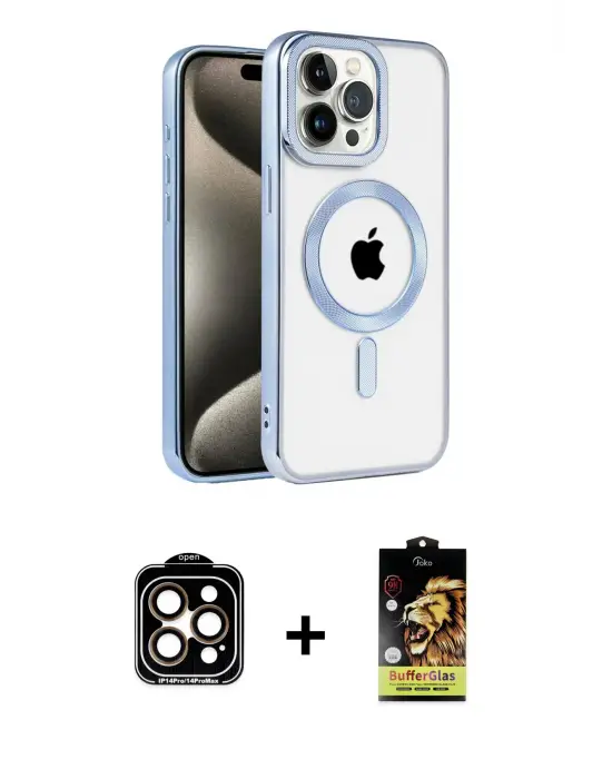 ieg™ iPhone 14 Pro Max Kılıf Eksen Form Koleksiyonu - Siyah Buffer Cam Ekran Koruyucu + PVD Metal Kamera Lens - TU