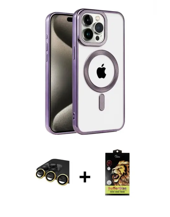 ieg™ iPhone 14 Pro Max Kılıf Eksen Form Koleksiyonu - Siyah Buffer Cam Ekran Koruyucu + Raze Metal Kamera Lens - GD