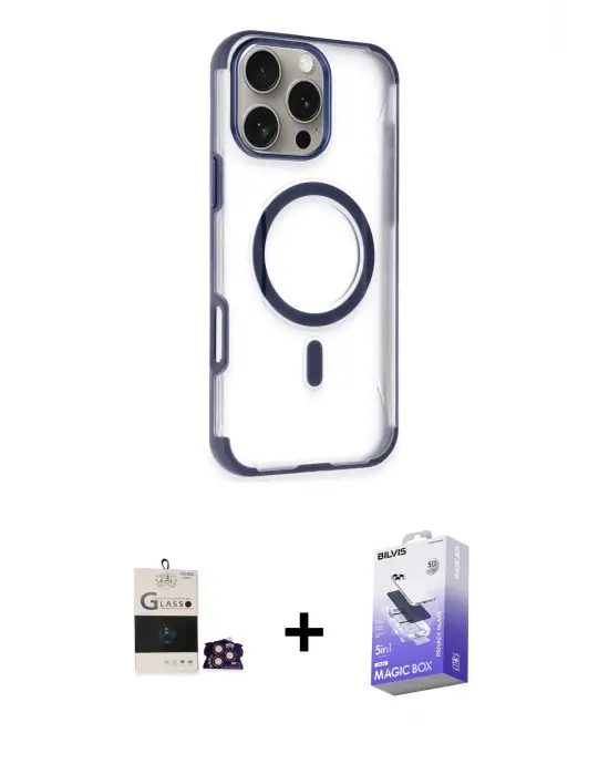 ieg™ iPhone 14 Pro Max Kılıf Eksen Klasik Koleksiyonu - Siyah Bilvis 5in1 5D Magic Hayalet Cam Ekran Koruyucu + Bilvis Titan Kamera Lens - GD