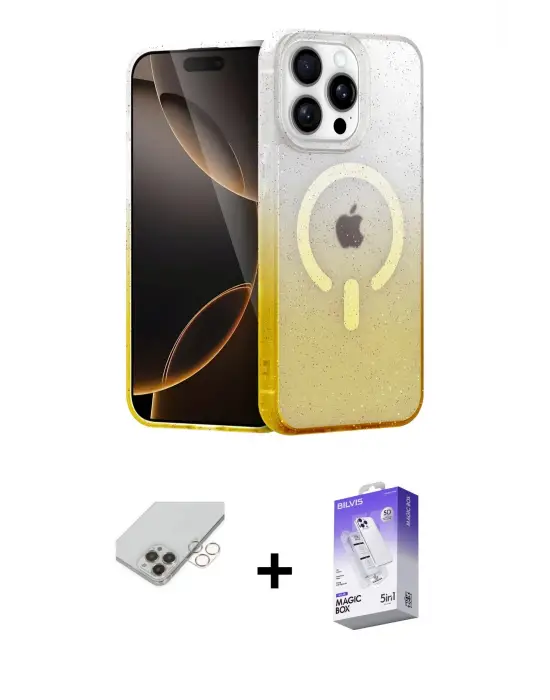 ieg™ iPhone 14 Pro Max Kılıf Eksen Minimal Özel Seri - Siyah Bilvis 5in1 3D Magic Cam Ekran Koruyucu + Band Metal Kamera Lens - GD