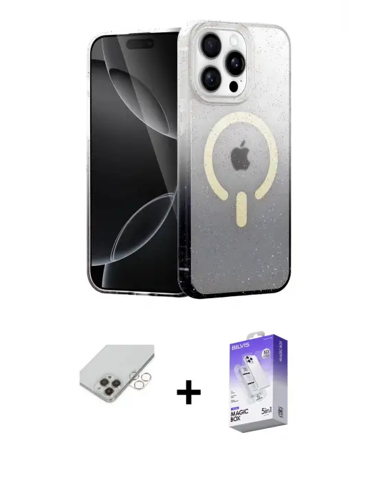 ieg™ iPhone 14 Pro Max Kılıf Eksen Minimal Özel Seri - Siyah Bilvis 5in1 3D Magic Cam Ekran Koruyucu + Band Metal Kamera Lens - GD