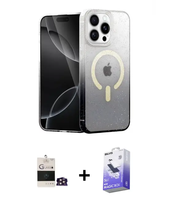 ieg™ iPhone 14 Pro Max Kılıf Eksen Minimal Özel Seri - Siyah Bilvis 5in1 5D Magic Hayalet Cam Ekran Koruyucu + Bilvis Titan Kamera Lens - GD
