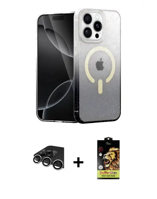 ieg™ iPhone 14 Pro Max Kılıf Eksen Minimal Özel Seri - Siyah Buffer Cam Ekran Koruyucu + Raze Metal Kamera Lens - GS