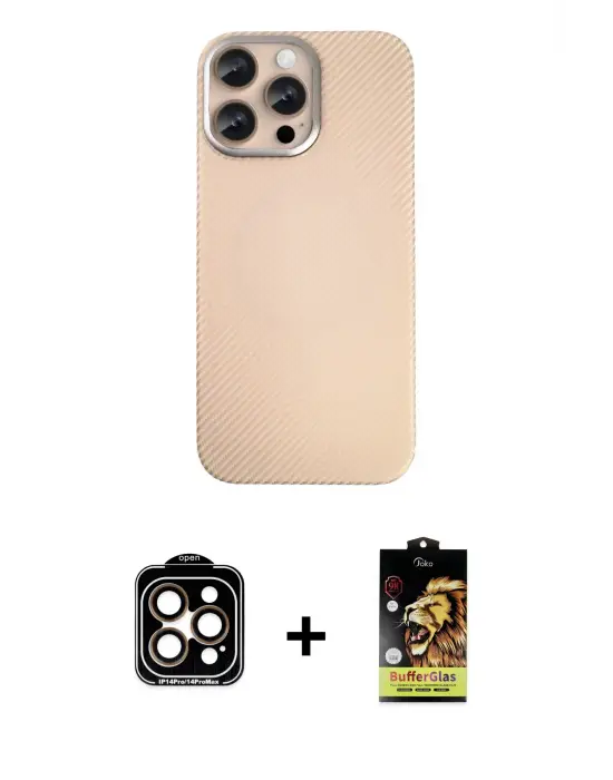 ieg™ iPhone 14 Pro Max Kılıf Eksen Prime - Siyah Buffer Cam Ekran Koruyucu + PVD Metal Kamera Lens - TU