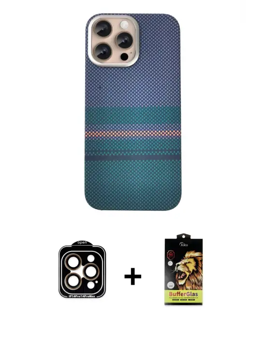 ieg™ iPhone 14 Pro Max Kılıf Eksen Prime - Siyah Buffer Cam Ekran Koruyucu + PVD Metal Kamera Lens - TU