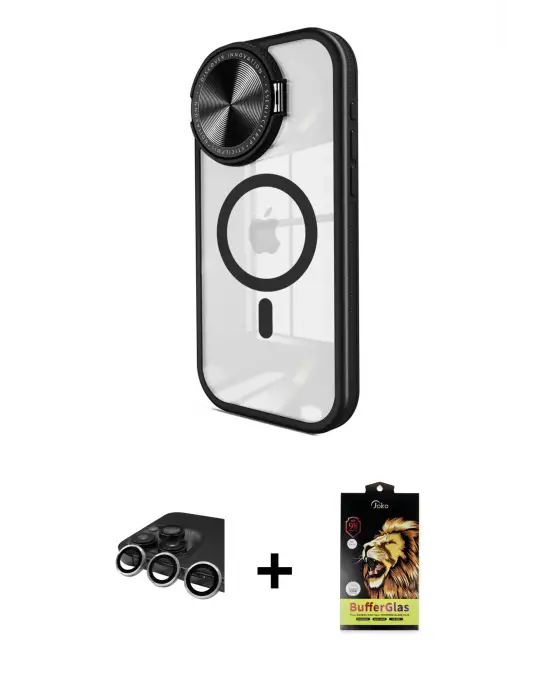 ieg™ iPhone 14 Pro Max Kılıf Kıvılcım Modern Koleksiyonu - Siyah Buffer Cam Ekran Koruyucu + Raze Metal Kamera Lens - GS