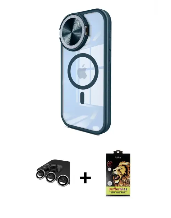 ieg™ iPhone 14 Pro Max Kılıf Kıvılcım Modern Koleksiyonu - Siyah Buffer Cam Ekran Koruyucu + Raze Metal Kamera Lens - GS