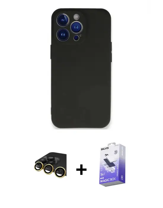 ieg™ iPhone 14 Pro Max Kılıf Kozmos Yansıma Özel Seri - Siyah Bilvis 5in1 5D Magic Hayalet Cam Ekran Koruyucu + Raze Metal Kamera Lens - GD