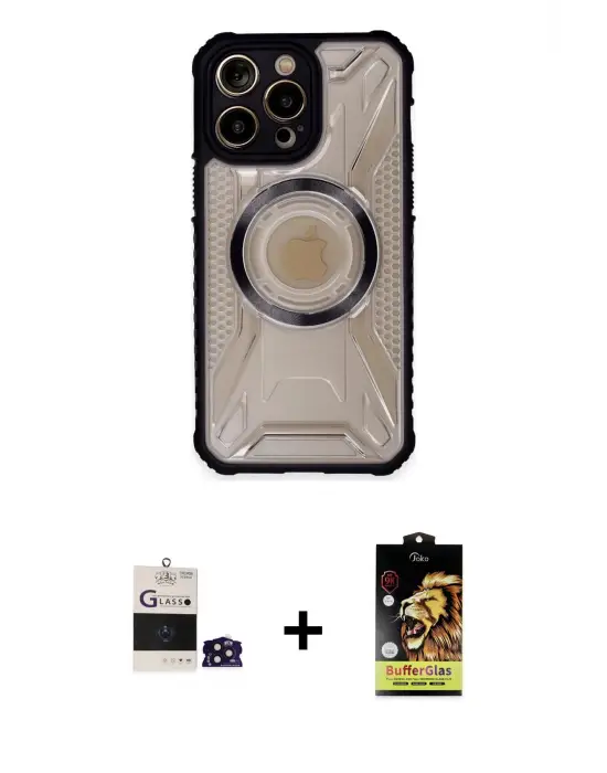 ieg™ iPhone 14 Pro Max Kılıf Kutup Modern - Siyah Buffer Cam Ekran Koruyucu + Bilvis Titan Kamera Lens - DNMR