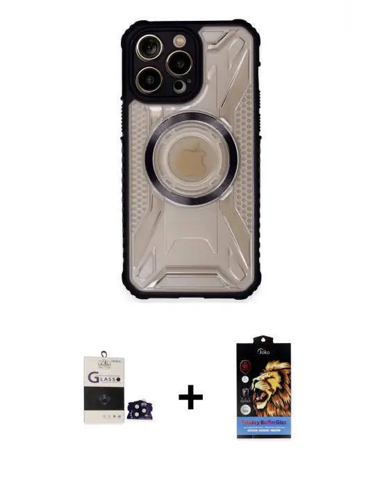 ieg™ iPhone 14 Pro Max Kılıf Kutup Modern - Siyah Buffer Hayalet Cam Ekran Koruyucu + Bilvis Titan Kamera Lens - SH