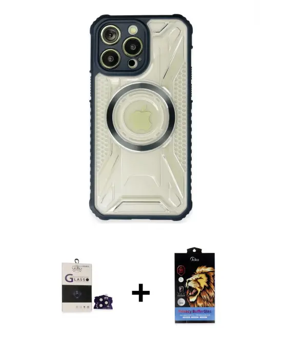 ieg™ iPhone 14 Pro Max Kılıf Kutup Modern - Siyah Buffer Hayalet Cam Ekran Koruyucu + Bilvis Titan Kamera Lens - SH