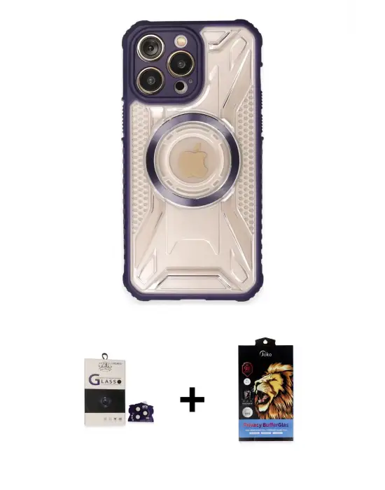 ieg™ iPhone 14 Pro Max Kılıf Kutup Modern - Siyah Buffer Hayalet Cam Ekran Koruyucu + Bilvis Titan Kamera Lens - SH
