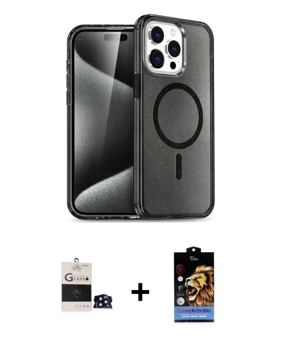 ieg™ iPhone 14 Pro Max Kılıf Nova Asil Prime - Siyah Buffer Hayalet Cam Ekran Koruyucu + Bilvis Titan Kamera Lens - SH