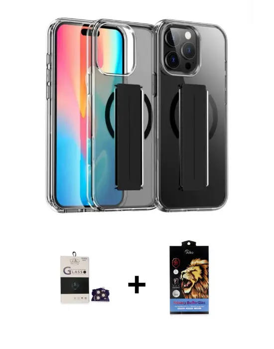 ieg™ iPhone 14 Pro Max Kılıf Nova Işık Koleksiyonu - Siyah Buffer Hayalet Cam Ekran Koruyucu + Bilvis Titan Kamera Lens - GD