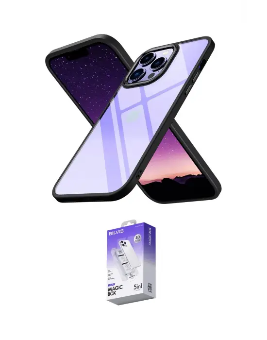 ieg™ iPhone 14 Pro Max Kılıf Nova Işık Serisi - Siyah Bilvis 5in1 3D Magic Cam Ekran Koruyucu