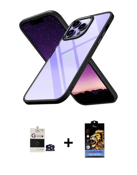 ieg™ iPhone 14 Pro Max Kılıf Nova Işık Serisi - Siyah Buffer Hayalet Cam Ekran Koruyucu + Bilvis Titan Kamera Lens - DNMR