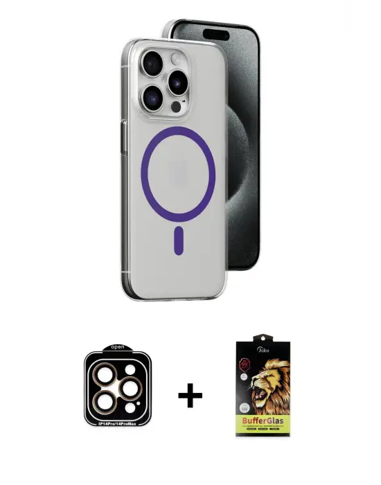 ieg™ iPhone 14 Pro Max Kılıf Odak Form Özel Seri - Siyah Buffer Cam Ekran Koruyucu + PVD Metal Kamera Lens - TU
