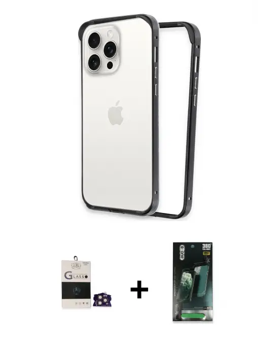 ieg™ iPhone 14 Pro Max Kılıf Pusula Asil Koleksiyonu - Siyah 360 Mat Full Body Arka Koruyucu + Bilvis Titan Kamera Lens - GD